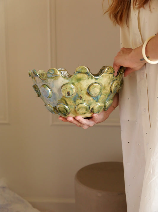 Saladier Néréide - Grés chamotté beige & émaux verts marins
